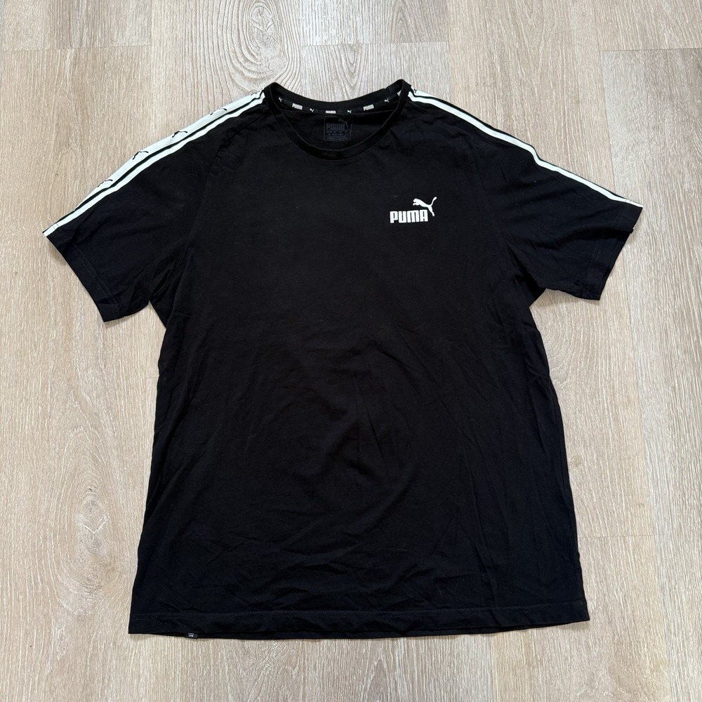 PUMA Men Crew Neck Tshirt Top Short Sleeve Logo Stripe Black Size Large